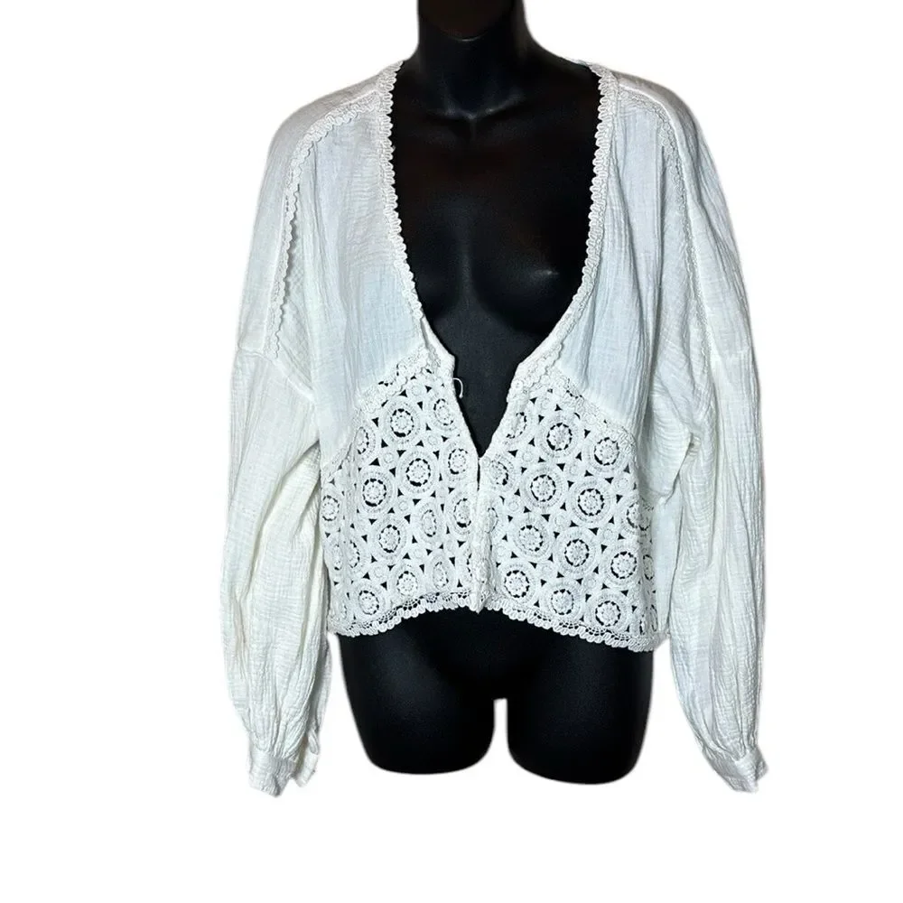 Anthropologie women’s one size bohemian lace long sleeve gauze top NEW white